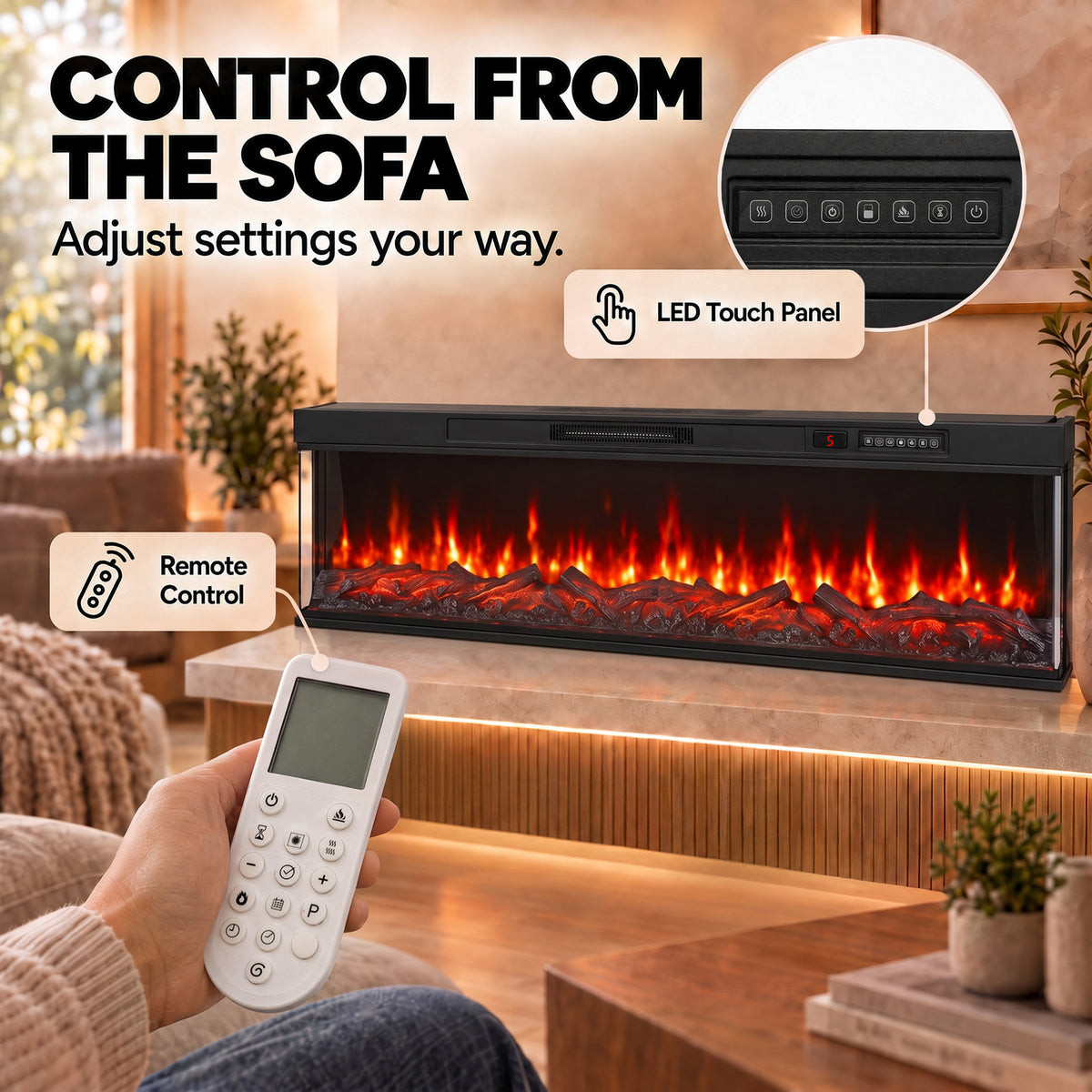 153cm Electric Fireplace Insert | 3-Sided Panoramic Log Effect | 900/1800W, 12 Colours, Remote & Weekly Timer | Black
