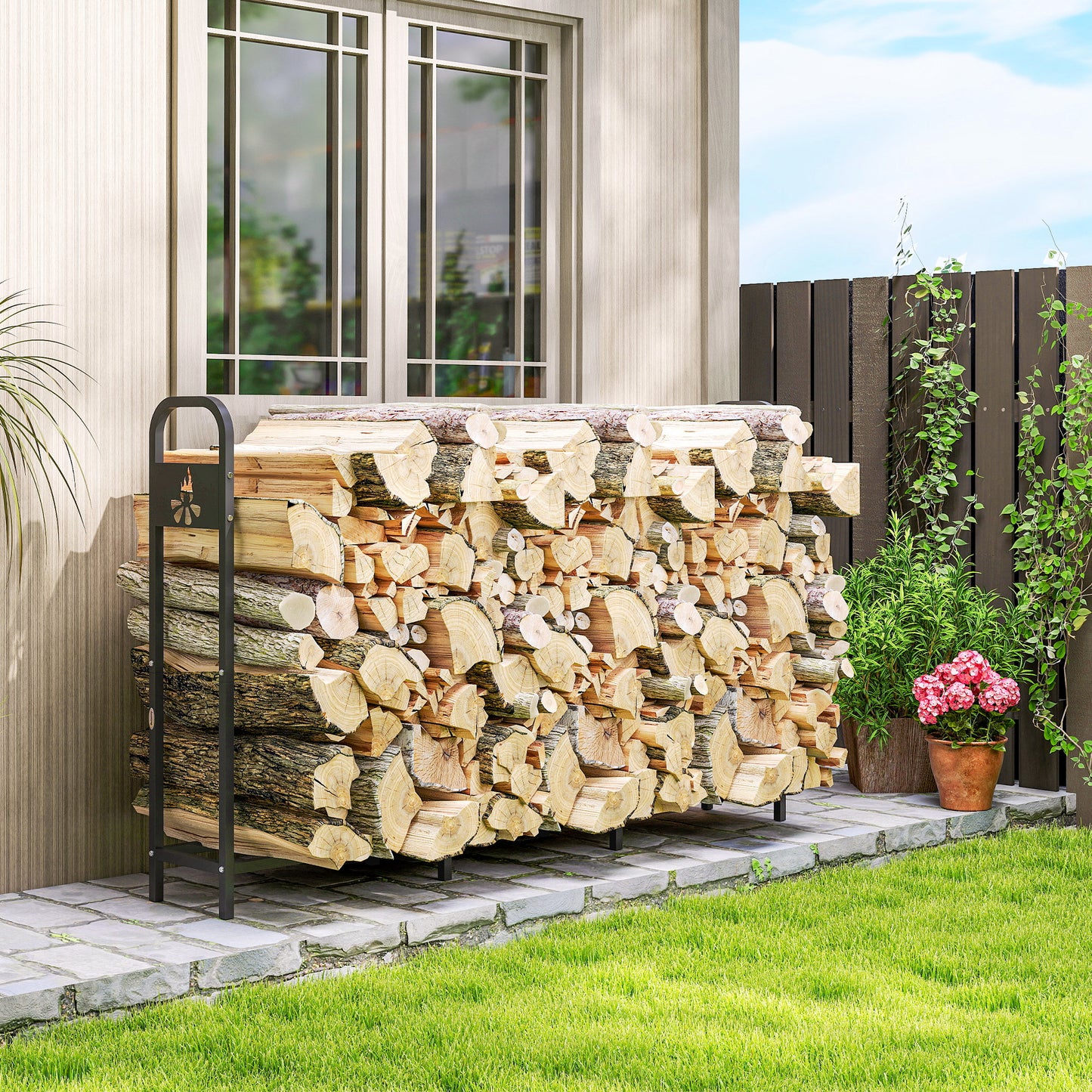 6.5 FT Steel Firewood Log Rack with 300 kg Capacity, Heavy Duty Indoor Outdoor Fireplace Wood Storage Shelf, Log Holder/Stand with Extra Support Legs, Decorative Bonfire Pattern, Black