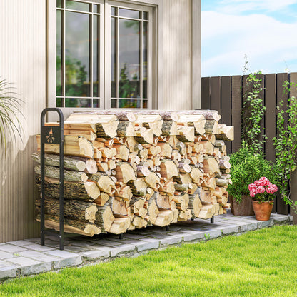 6.5 FT Steel Firewood Log Rack with 300 kg Capacity, Heavy Duty Indoor Outdoor Fireplace Wood Storage Shelf, Log Holder/Stand with Extra Support Legs, Decorative Bonfire Pattern, Black