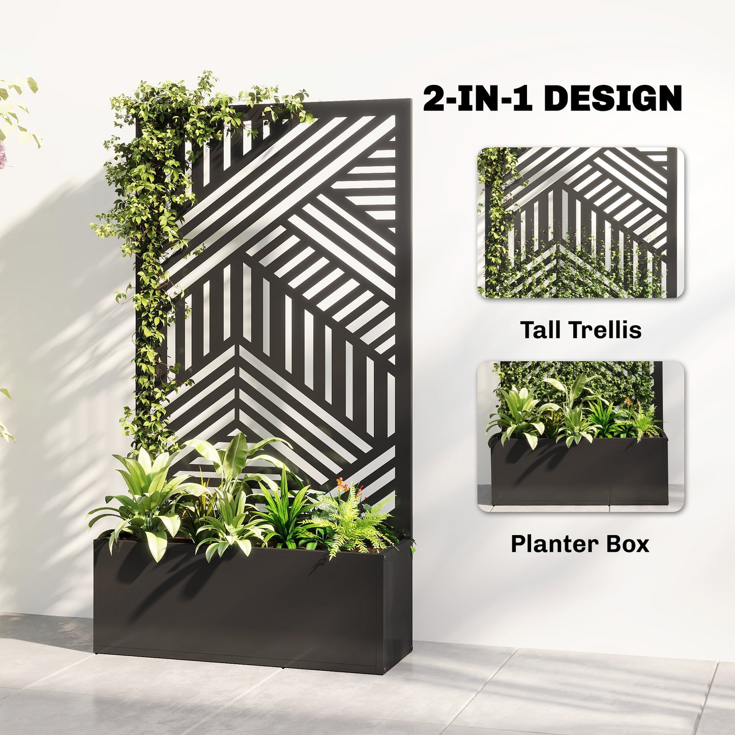 Metal Raised Garden Bed with Geometric Slatted Trellis & Privacy Screen | Powder-Coated | 20L Soil Capacity | 30kg Max | Patio Balcony & Garden | 61x23x113cm | Black