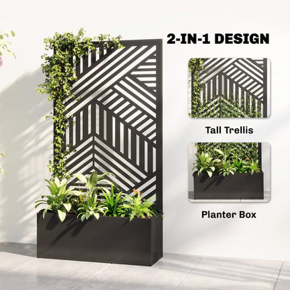 Metal Raised Garden Bed with Geometric Slatted Trellis & Privacy Screen | Powder-Coated | 20L Soil Capacity | 30kg Max | Patio Balcony & Garden | 61x23x113cm | Black