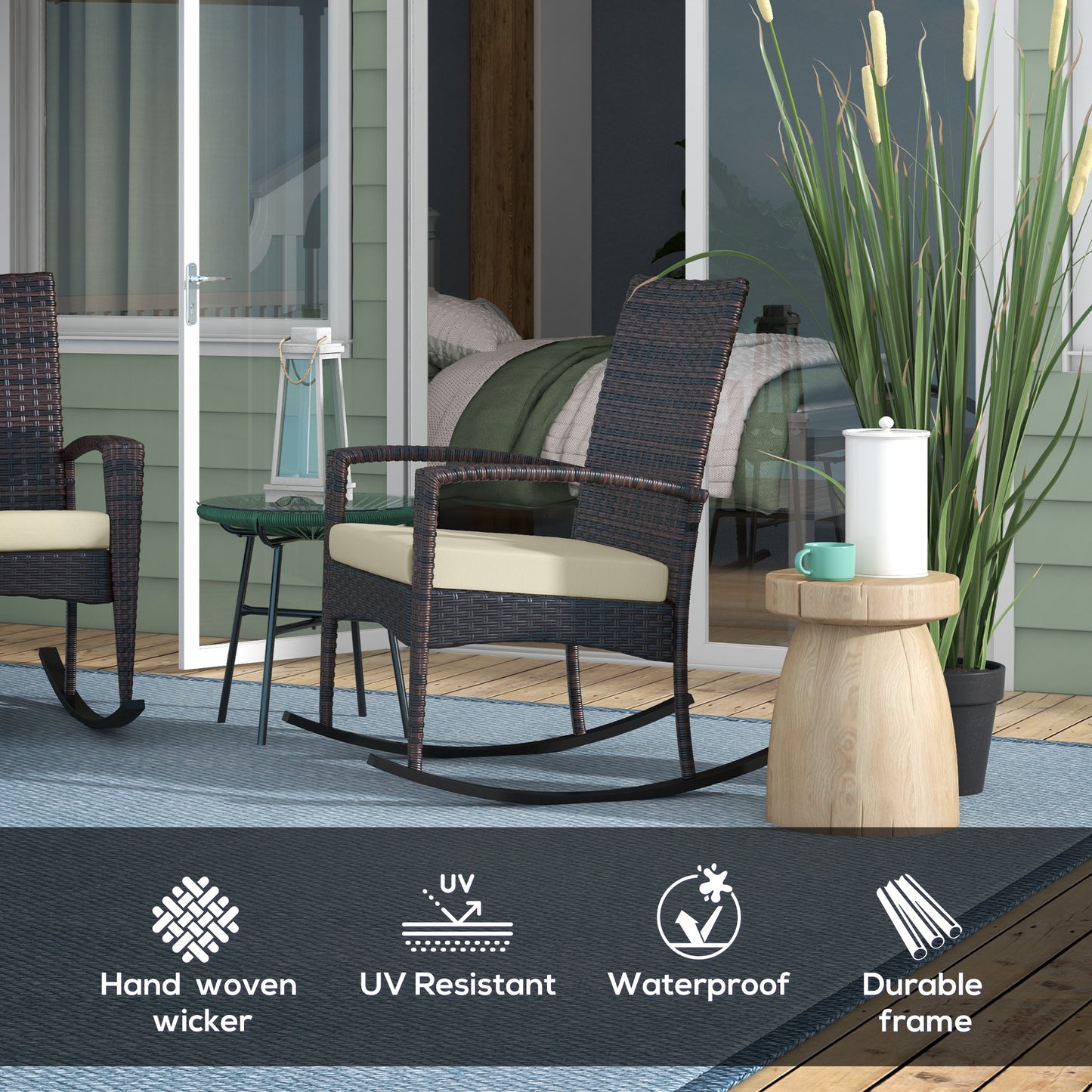 Outsunny Outdoor PE Rattan Rocking Chair Set of 2, Garden Rocking Chair Set with Armrest and Cushion