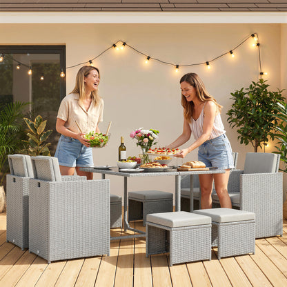 9 Piece Rattan Cube Garden Dining Set | 4 Armchairs | 4 Footstools | Tempered Glass Table 109x109x72cm | Thick Cushions | Washable Covers | PE Rattan & Metal Frame | Light Grey