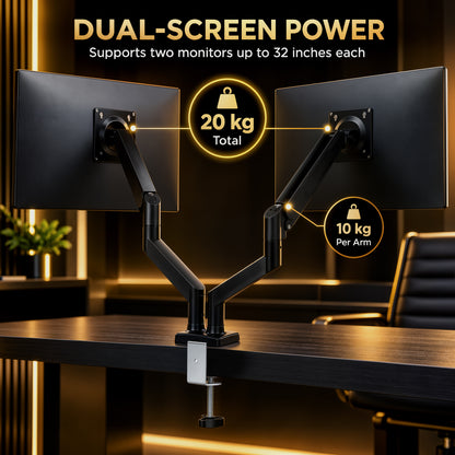 Dual Monitor Arms | 2 Screens up to 32 Inch | Gas Spring Height Adjustment, Tilt & 360° Rotation | 20kg Capacity | Black Steel