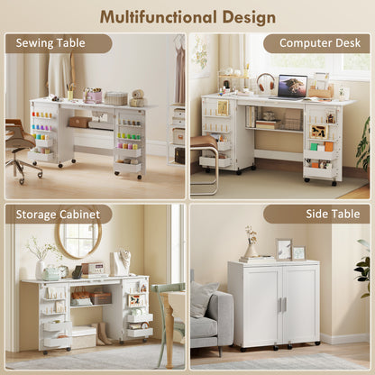 Folding Sewing & Craft Table | 20 Spool Pegs | 4 Storage Bins | Machine Shelf | 6 Wheels (4 Lockable) | 54kg | White