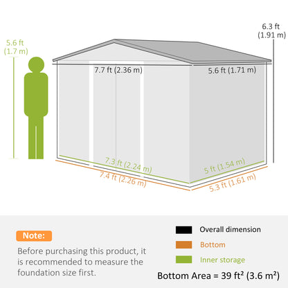 Large Galvanised Steel Garden Storage Shed | Double Sliding Door | 4 Ventilation Slots | Sloped Roof | 20kg/m² Snow Load | 236x171x191cm | Bikes Scooters Tools & Bins | Dark Grey