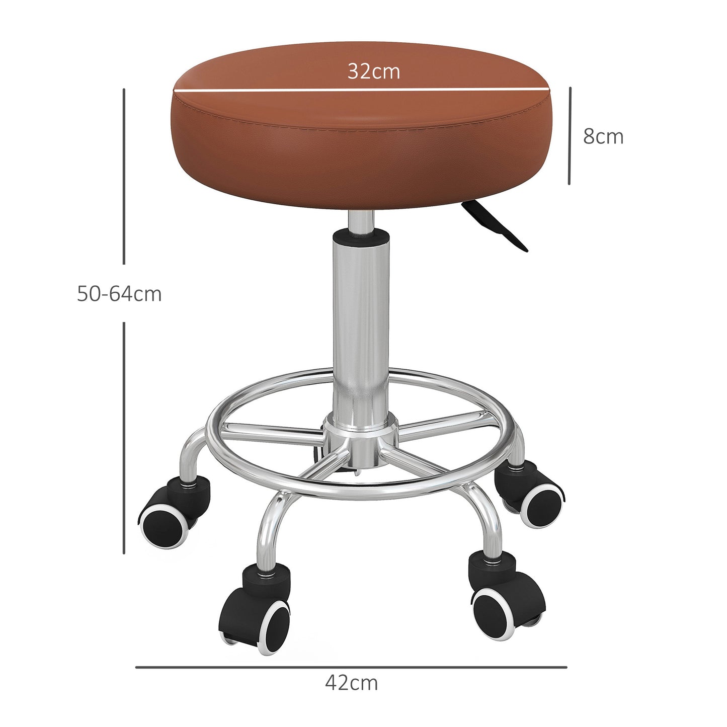 PU Leather Rolling Salon Stool | Height Adjustable 50-64cm | Dia 42cm | Thick Foam Seat | Footrest | 5 Wheels | Backless | 110kg | Brown