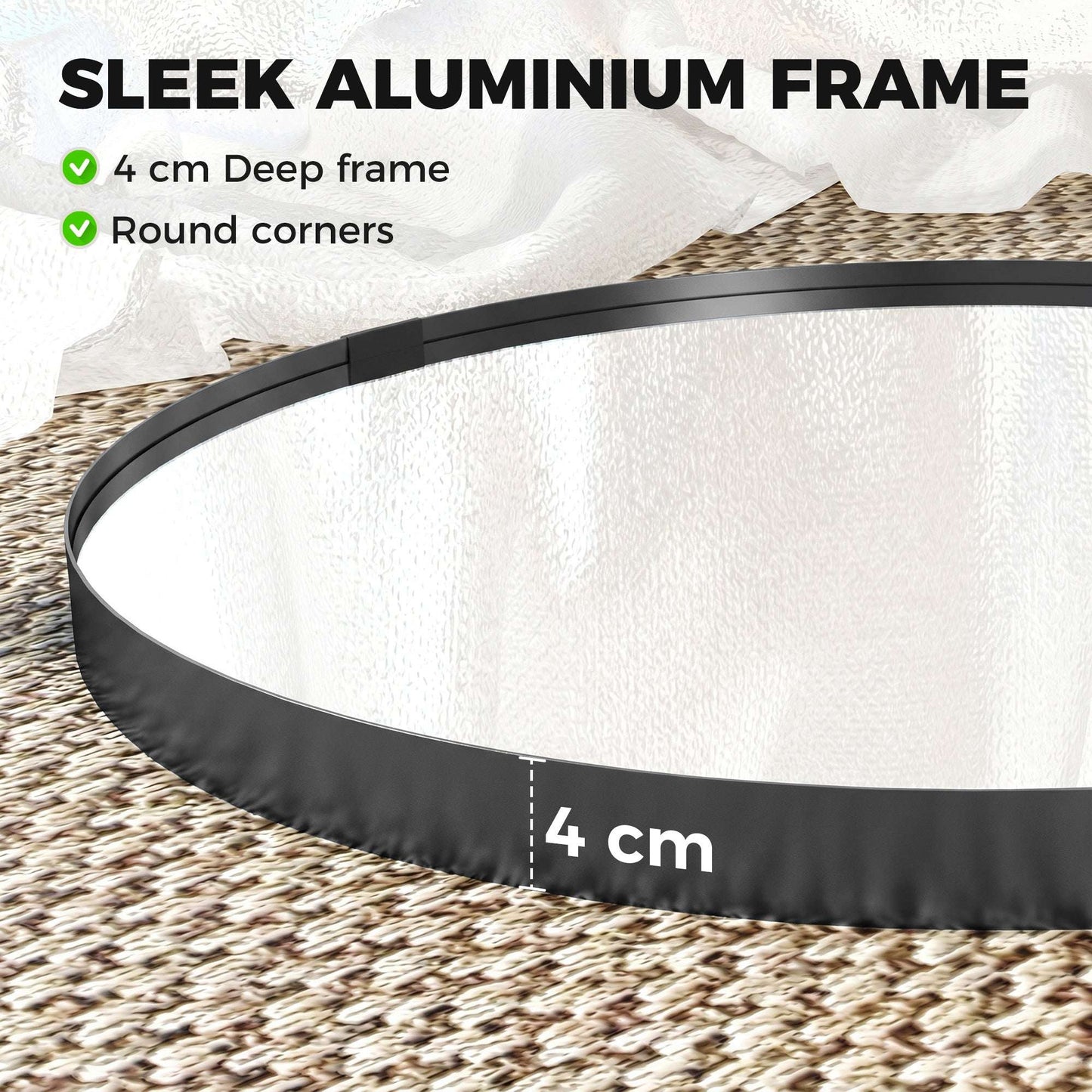 Round Wall Mirror | Shatterproof Tempered Glass | Anodised Aluminium Alloy Frame | 4cm Deep 3D Effect | 61cm Diameter | No Assembly | Black