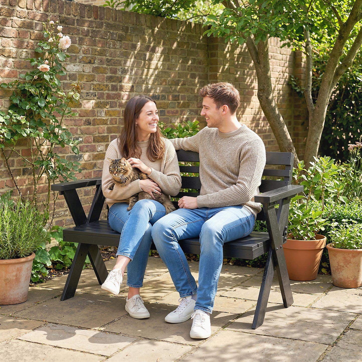 2-Seater Wooden Garden Bench | X-Frame Legs | Armrest & Backrest | 240kg | Fir Wood | Black