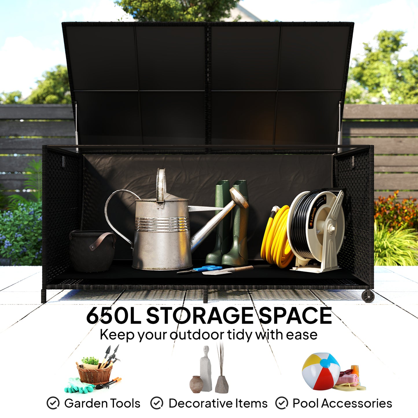 650L Rattan Garden Storage Box | 2 Wheels | Waterproof Zipped Liner | Gas-Assisted Lid | UV-Resistant PE Rattan | Powder-Coated Steel | 100kg | 150x75x74cm | Black