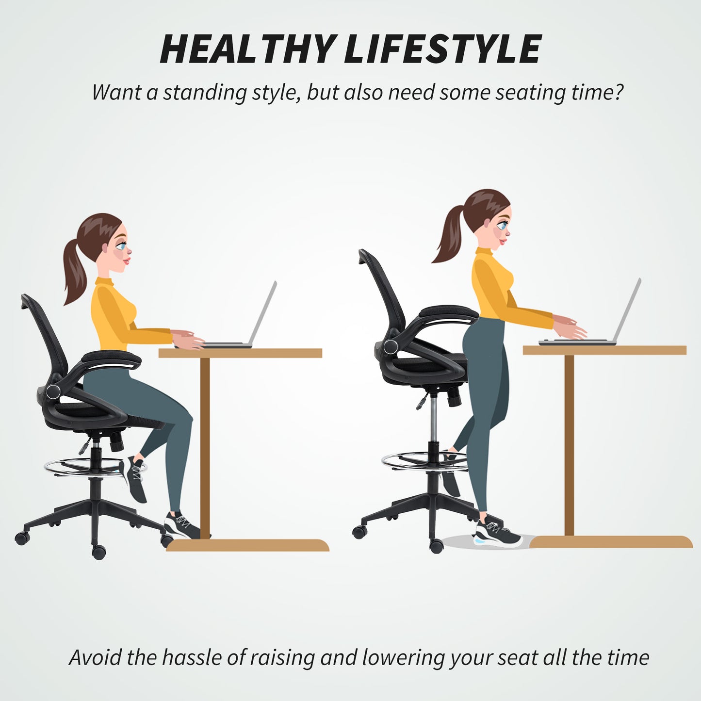 Drafting Chair for Standing Desk | Mesh Back | Foam Seat | Flip-Up Armrests | Foot Ring | 360° Swivel | Height Adjustable 106-126cm | 120kg | Black