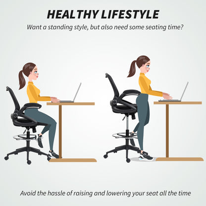 Drafting Chair for Standing Desk | Mesh Back | Foam Seat | Flip-Up Armrests | Foot Ring | 360° Swivel | Height Adjustable 106-126cm | 120kg | Black