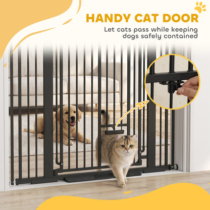 135cm Extra Tall Dog Gate with Cat Door | Pressure Mounted | Fits 81–108cm | No Drilling | Lift-Lock | Steel | Black