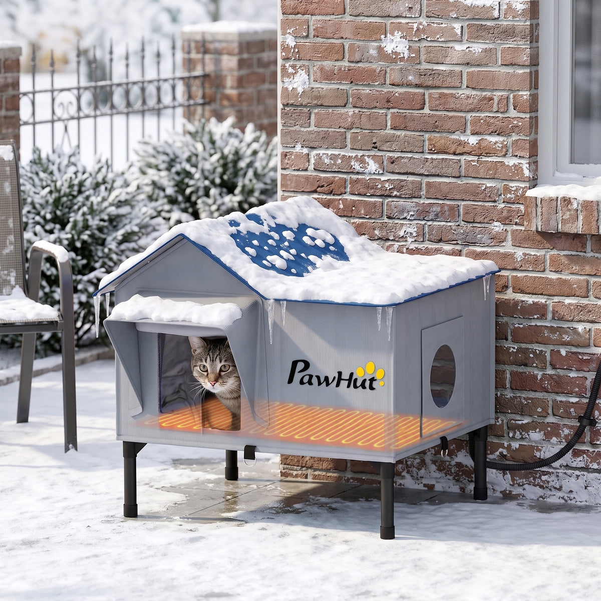 Heated Outdoor Cat House with 34W 230V Heating Pad | 5-Layer Insulation | PU Waterproof Shell | 5cm Elevated Base | Lock-Free Escape Door | 51x41x55cm | Up to 2 Cats | Light Grey