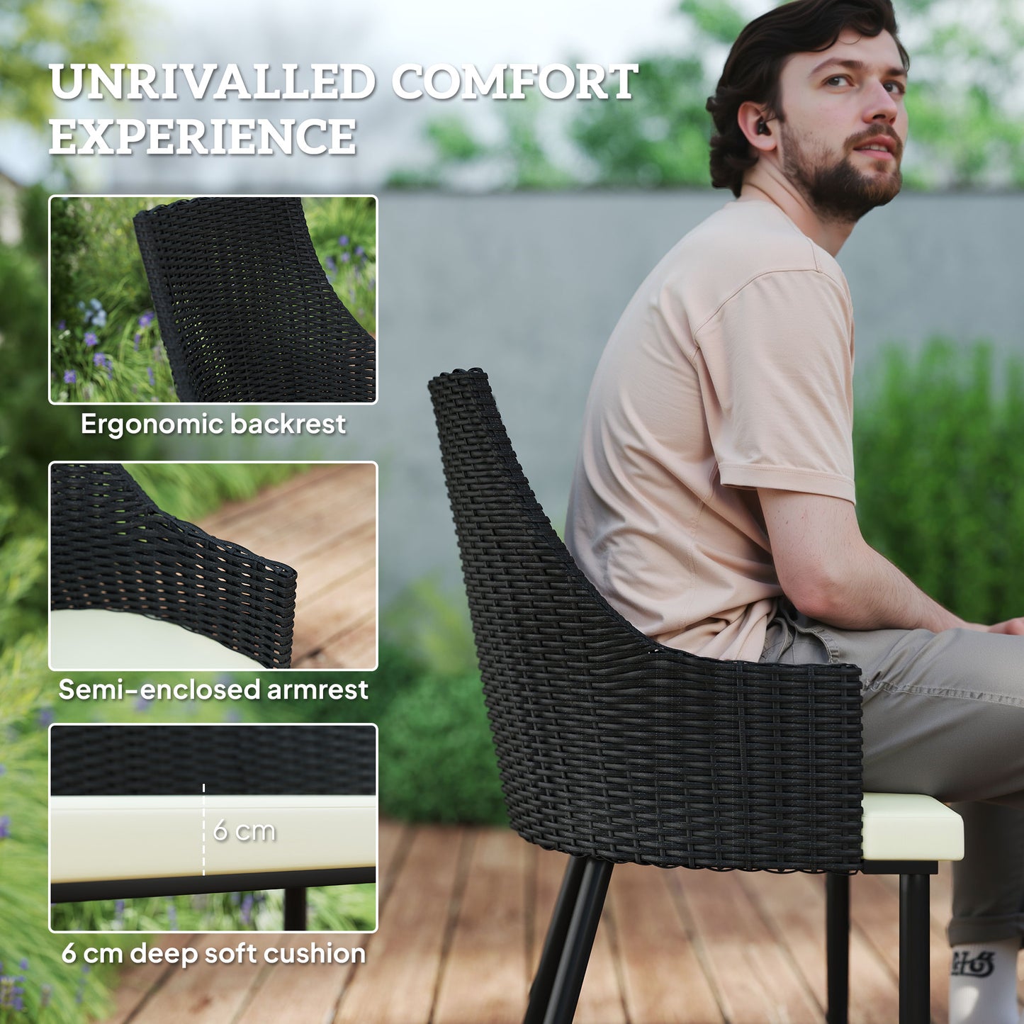 6 Seater Rattan Dining Set with Cushions, Garden Furniture Set with Armchairs, Rectangle Slatted Table Top, Wicker Outdoor Furniture, Cream White