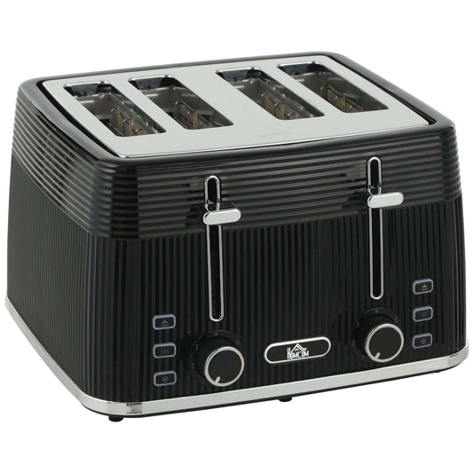 4-Slice Toaster | Dual Independent Controls | 7 Browning Settings | Defrost Reheat Cancel | Auto-Centering Guides | 2 Removable Crumb Trays | 1560-1860W | 29.3x27.3x18.9cm | Black