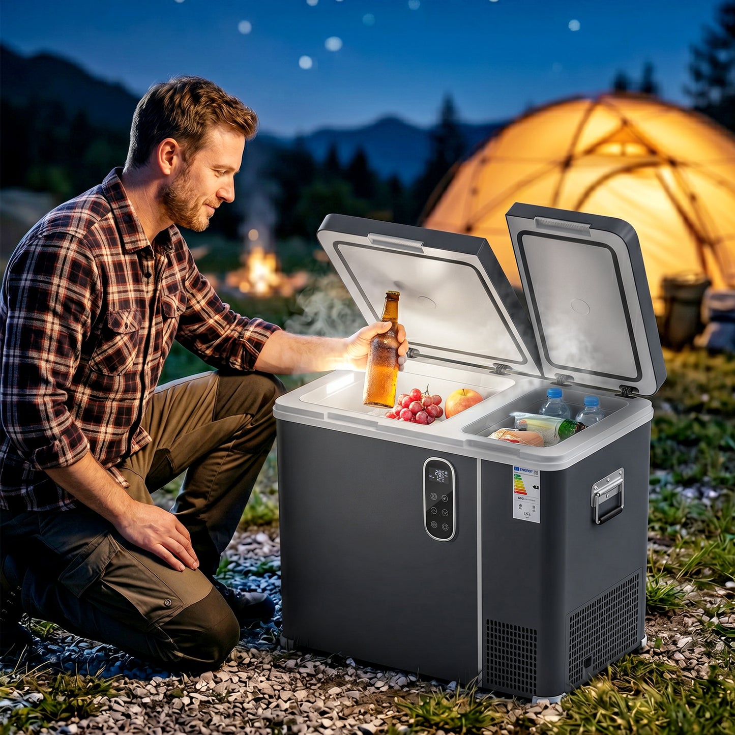 55L Dual-Zone Compressor Car Fridge Freezer | -20°C to +20°C | Bluetooth App | DC/AC | 15-Min Cool | Grey