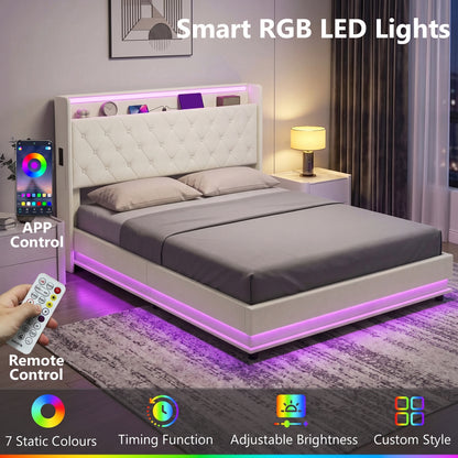 5ft King Ottoman Bed Frame | Cream Linen-Look Fabric | 214x157x113cm | Hydraulic Lift Storage 150x200x20cm | RGB LED Lights | USB-A & USB-C Charging | 300kg | EVA Noise Strips