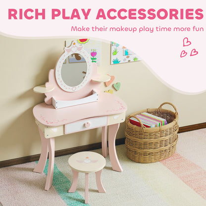 AIYAPLAY Kids Dressing Table, Girls Vanity Set with Mirror and Stool, 7 Play Accessories, Drawer, Desktop Storage, Pink