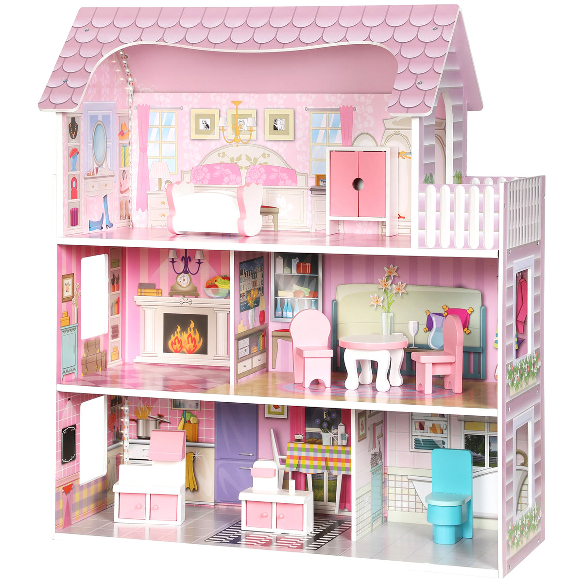 AIYAPLAY Pink 3-Storey Dolls House | 70cm MDF Dollhouse with LED Strip & Balcony | 8 Furniture Pieces | Open-Front Play | Ages 3–6