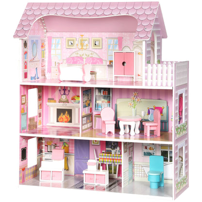 AIYAPLAY Pink 3-Storey Dolls House | 70cm MDF Dollhouse with LED Strip & Balcony | 8 Furniture Pieces | Open-Front Play | Ages 3–6