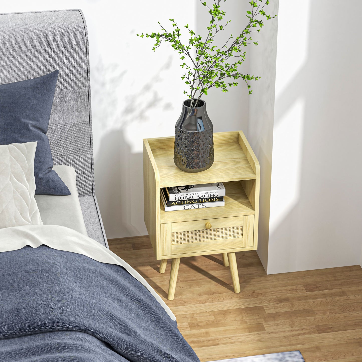 Bedside Table Set of 2, Boho Nightstand with Drawer, Storage Compartment, Natural Wood Finish