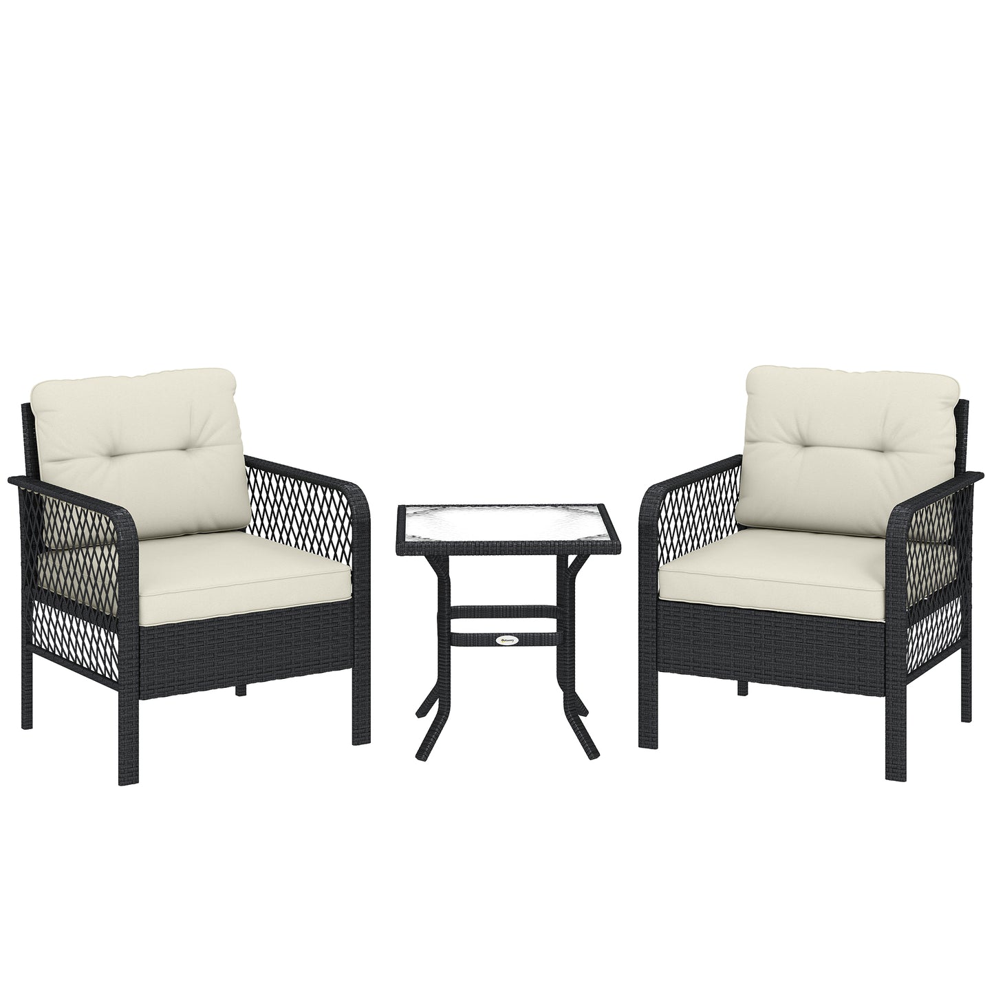 3 Piece Rattan Bistro Set | 2 Armchairs | Tempered Glass Coffee Table | 10cm Seat Cushions | Washable Covers | PE Wicker Metal Frame | 160kg | Cream