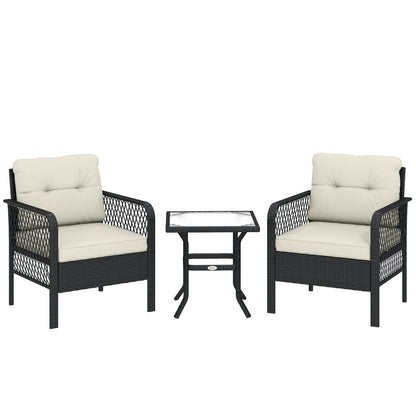3 Piece Rattan Bistro Set | 2 Armchairs | Tempered Glass Coffee Table | 10cm Seat Cushions | Washable Covers | PE Wicker Metal Frame | 160kg | Cream