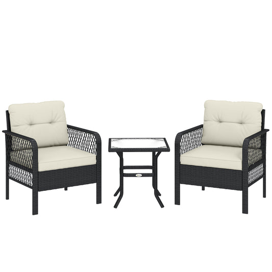 3 Piece Rattan Bistro Set | 2 Armchairs | Tempered Glass Coffee Table | 10cm Seat Cushions | Washable Covers | PE Wicker Metal Frame | 160kg | Cream
