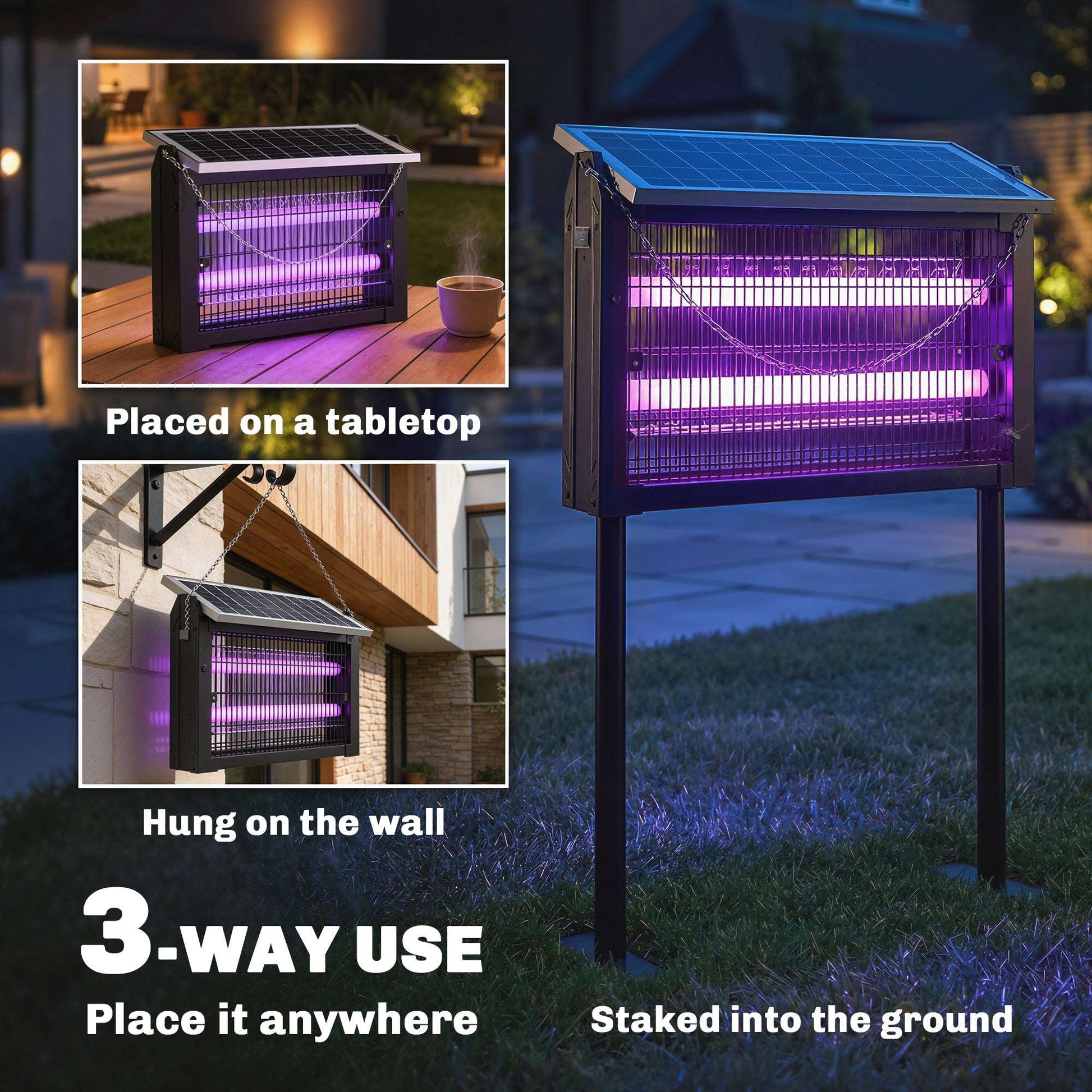 Solar Bug Zapper Outdoor | 3500V Electric Grid | UVA LED | Dusk-to-Dawn Auto | Solar & USB Charging | 80-100m² Coverage | Stake, Hang or Table | 4.3m Cord | 45x18x90cm | Black