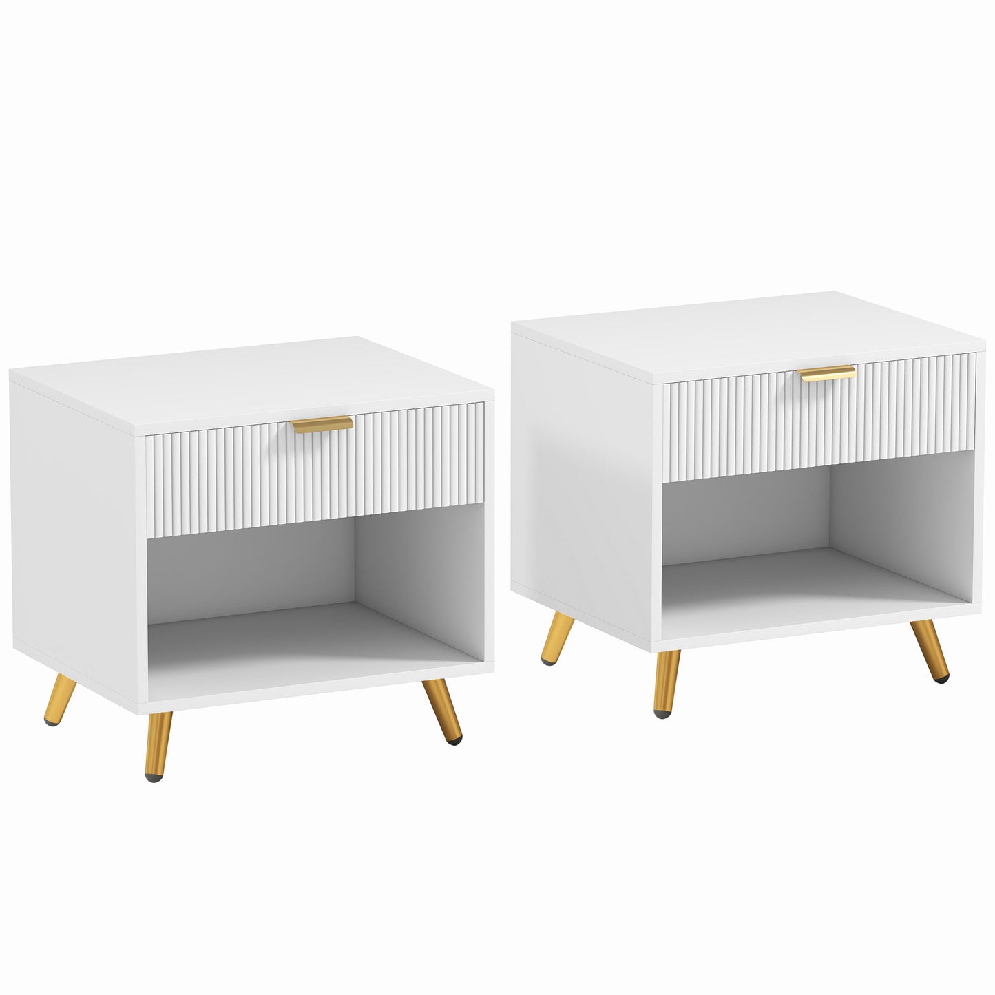 Set of 2 Bedside Tables | Ribbed Drawer | Gold Legs & Handle | Open Shelf | White | 50x47cm