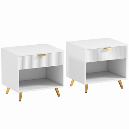 Set of 2 Bedside Tables | Ribbed Drawer | Gold Legs & Handle | Open Shelf | White | 50x47cm