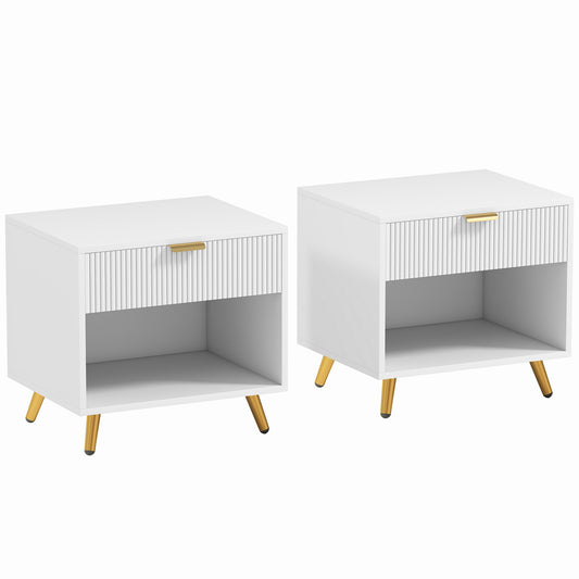 Set of 2 Bedside Tables | Ribbed Drawer | Gold Legs & Handle | Open Shelf | White | 50x47cm