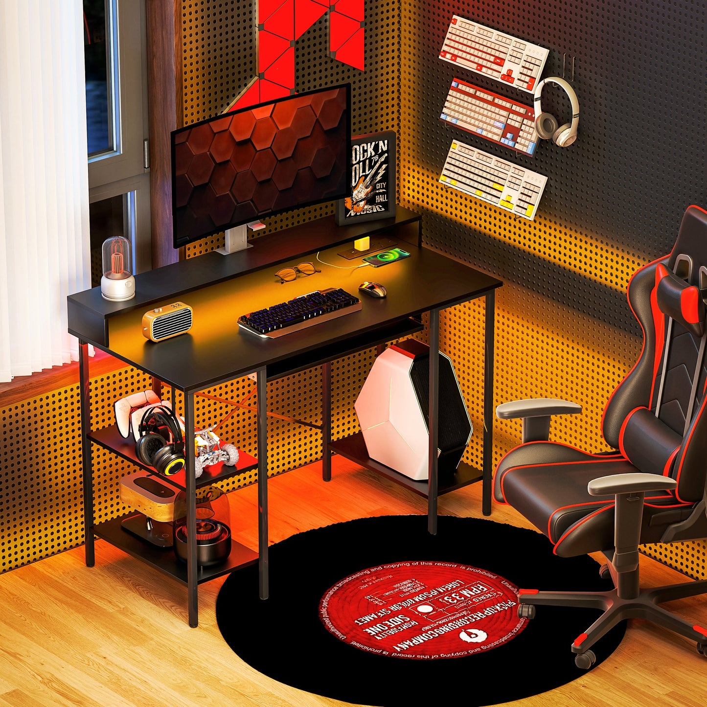 Reversible Computer Desk with LED Lights and Power Outlets, 120 x 55 cm Gaming Desk with Monitor Stand, Sliding Keyboard Tray and Storage Shelves,
