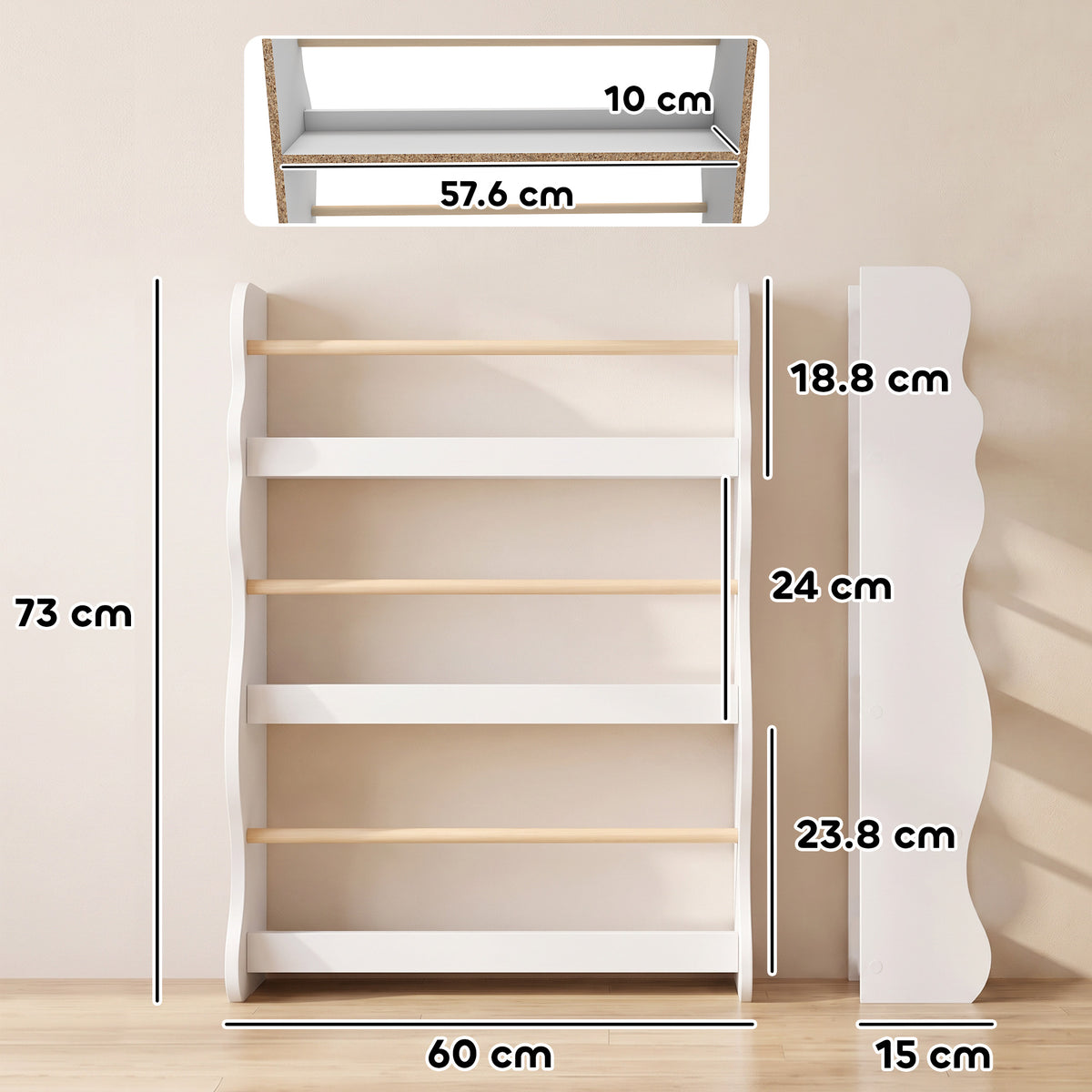 AIYAPLAY White 3-Tier Kids Bookshelf | 60cm Wide Slim Book Display with Pine-Tone Rails | Wall-Fixed Design | Ages 3–8