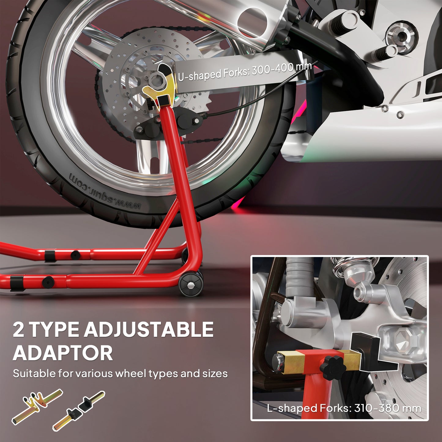 Motorcycle Rear Wheel Stand, 544 kg Capacity Heavy Duty Steel Motorbike Paddock Stand Lift with Adjustable U + L Forks, Wheels, Non-Slip Pads for Workshop Garage Repair, Red
