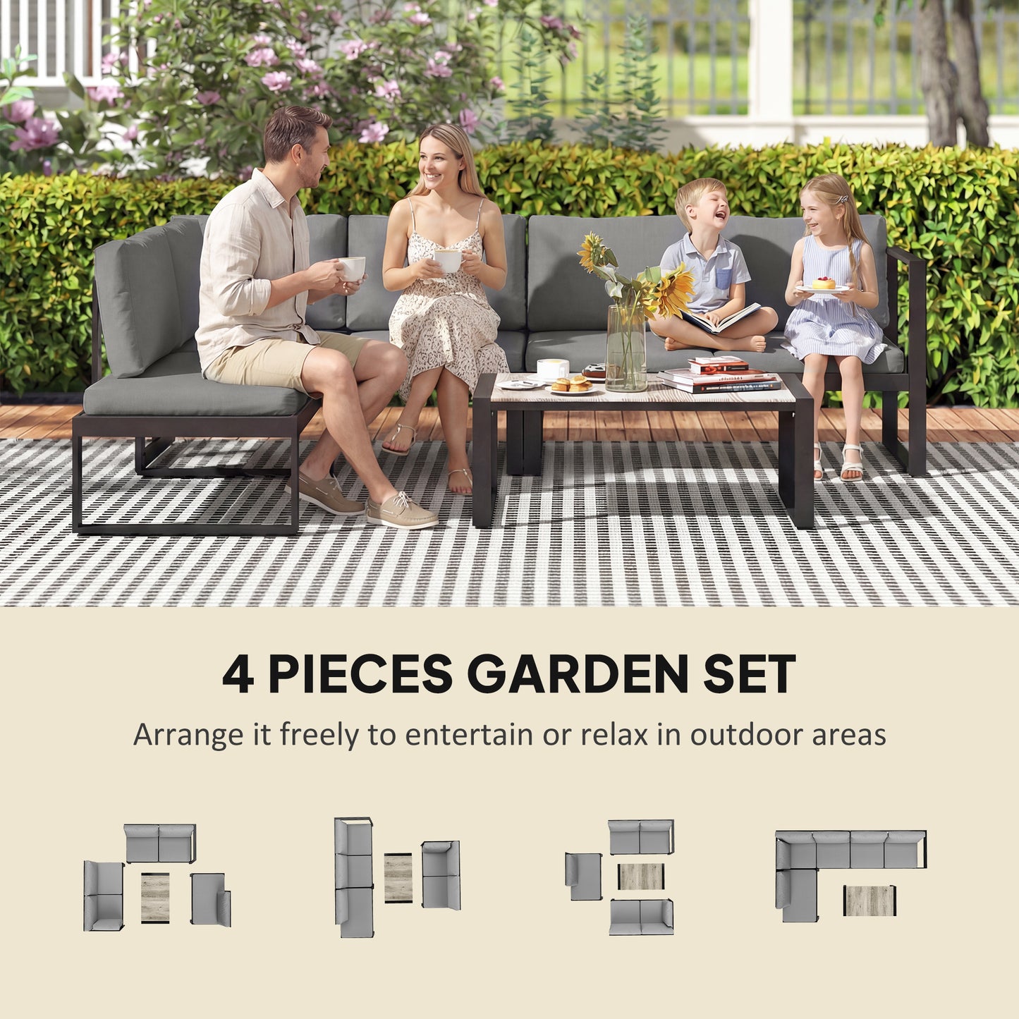 4-Piece L-Shape Garden Sofa Set | 2 Loveseats | Armless Chair | Coffee Table | Texteline Mesh | 10cm Seat & 16cm Back Cushions | 240kg | Dark Grey