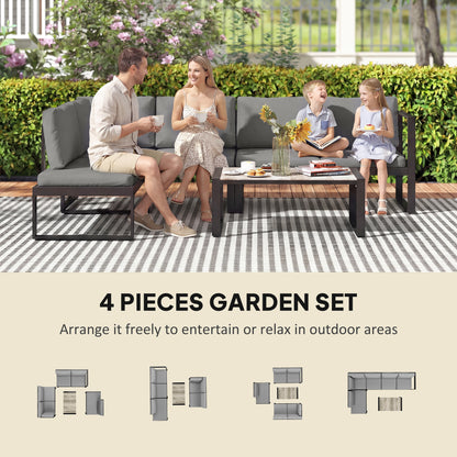 4-Piece L-Shape Garden Sofa Set | 2 Loveseats | Armless Chair | Coffee Table | Texteline Mesh | 10cm Seat & 16cm Back Cushions | 240kg | Dark Grey
