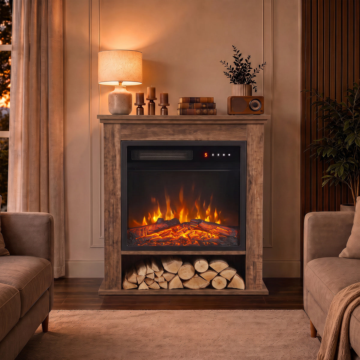 1800W Electric Fireplace Suite | Oak-Tone or Black Surround & Display Shelf | C Energy Rating | 5 Flame Brightness & Speed Settings | Timer & Remote