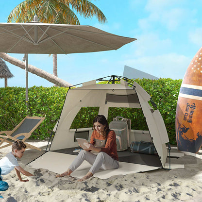 Outsunny 2-3 Person Pop Up Beach Tent, UPF15+ Sun Shelter with Extended Floor, Sandbags, Mesh Windows and Carry Bag, Khaki