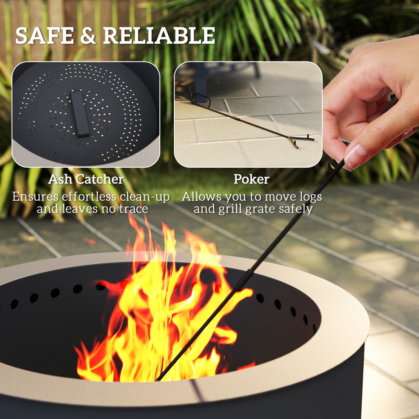 Portable Fire Pit, 58 cm Round Firepit with Grill Grate, Fire Bowl with Ash Catcher and Poker, Fire Pit BBQ for Garden Camping Bonfire Picnic, Black