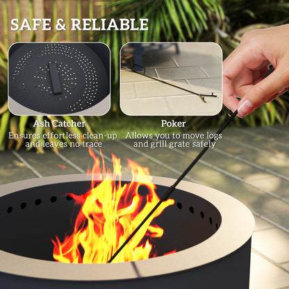 Portable Fire Pit, 58 cm Round Firepit with Grill Grate, Fire Bowl with Ash Catcher and Poker, Fire Pit BBQ for Garden Camping Bonfire Picnic, Black
