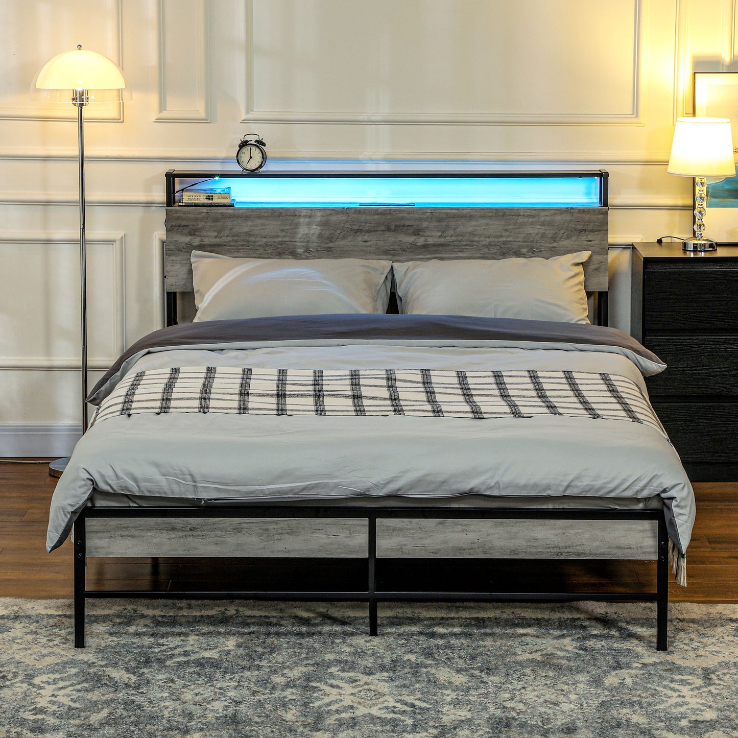 King Steel Bed Frame, with LED Lights and Headboard Shelf - Grey