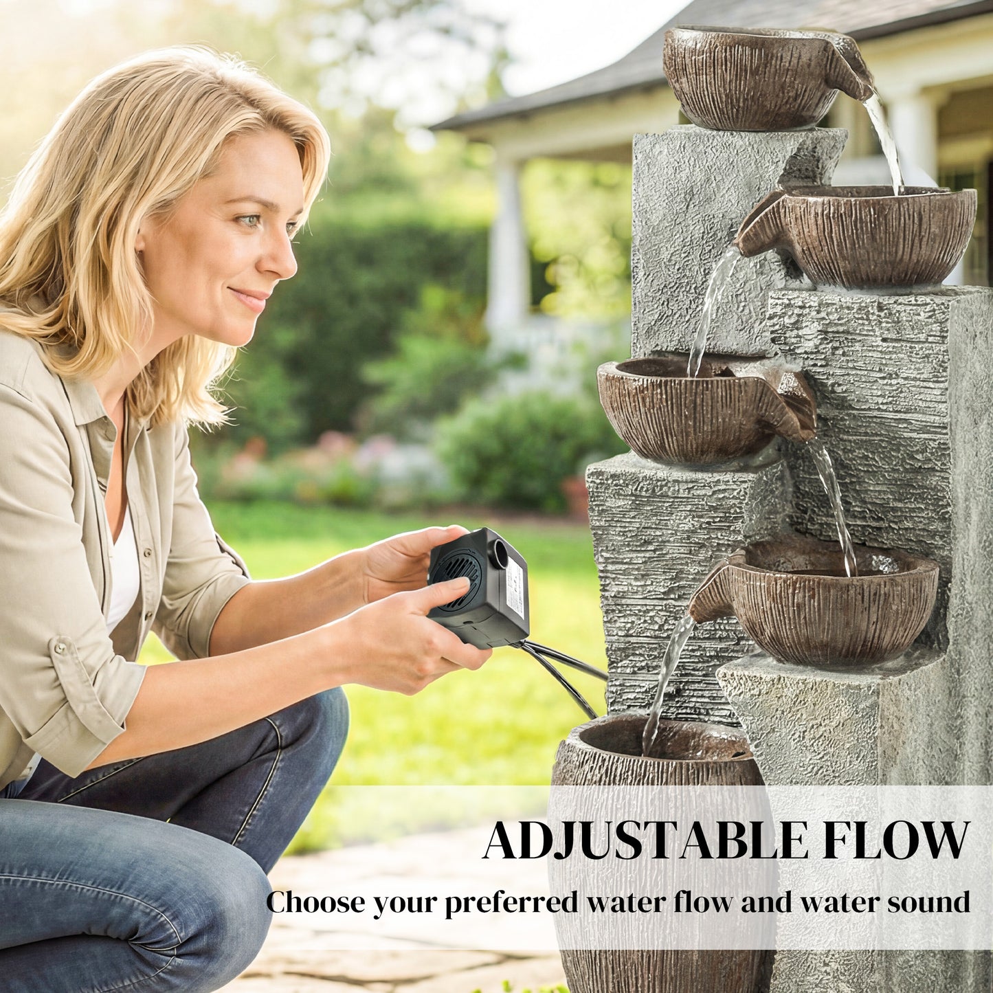 Tall 5-Tier Jug-Style Resin Waterfall Fountain | Hand-Painted Rustic Finish | Warm LED Lights | 3-Speed Adjustable Pump | 16W | 230V | 3m Cable | 35x34x110cm | Garden & Patio | Grey & Rustic Brown