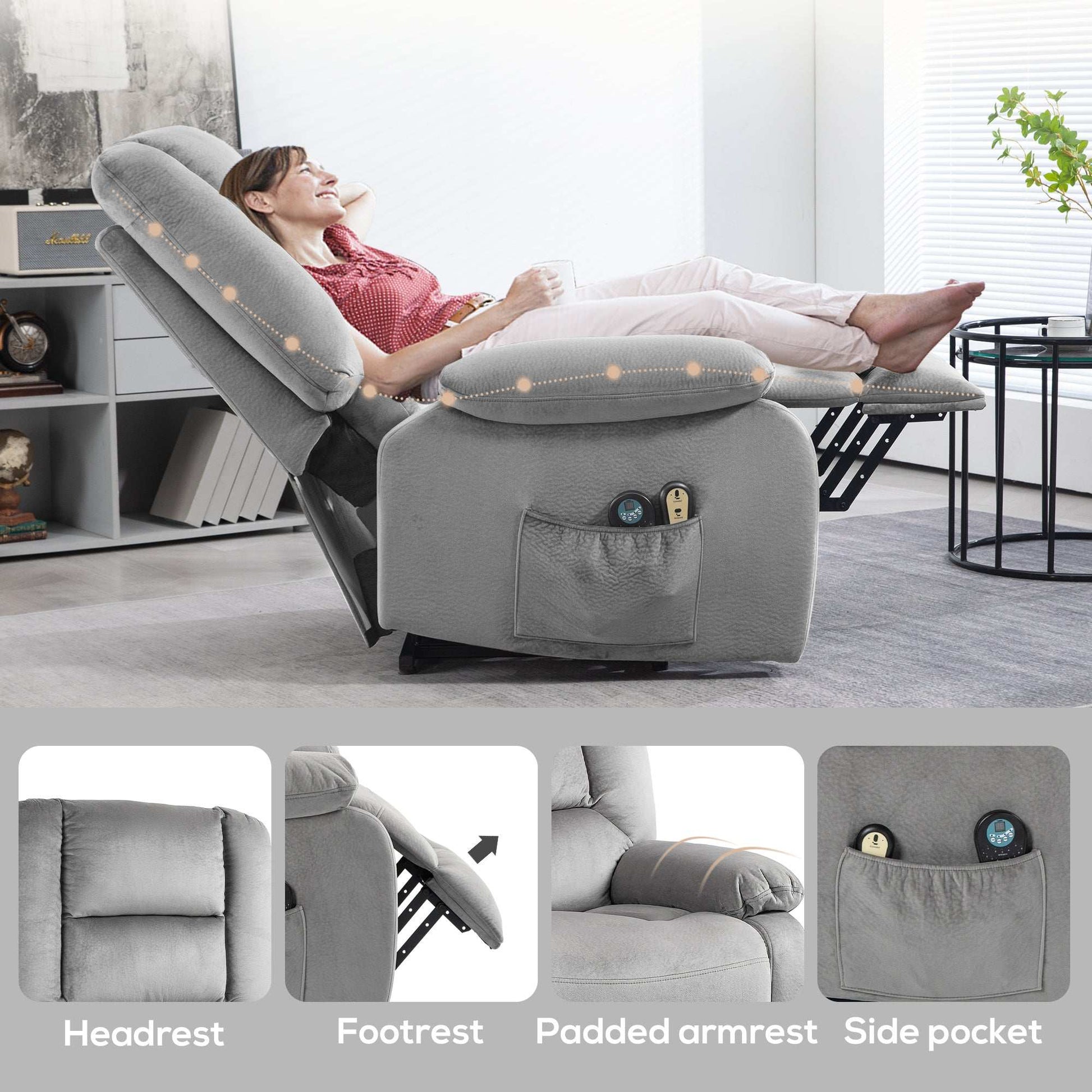 Electric Riser and Recliner Chair with Vibration Massage, Heat, Side Pocket, Grey