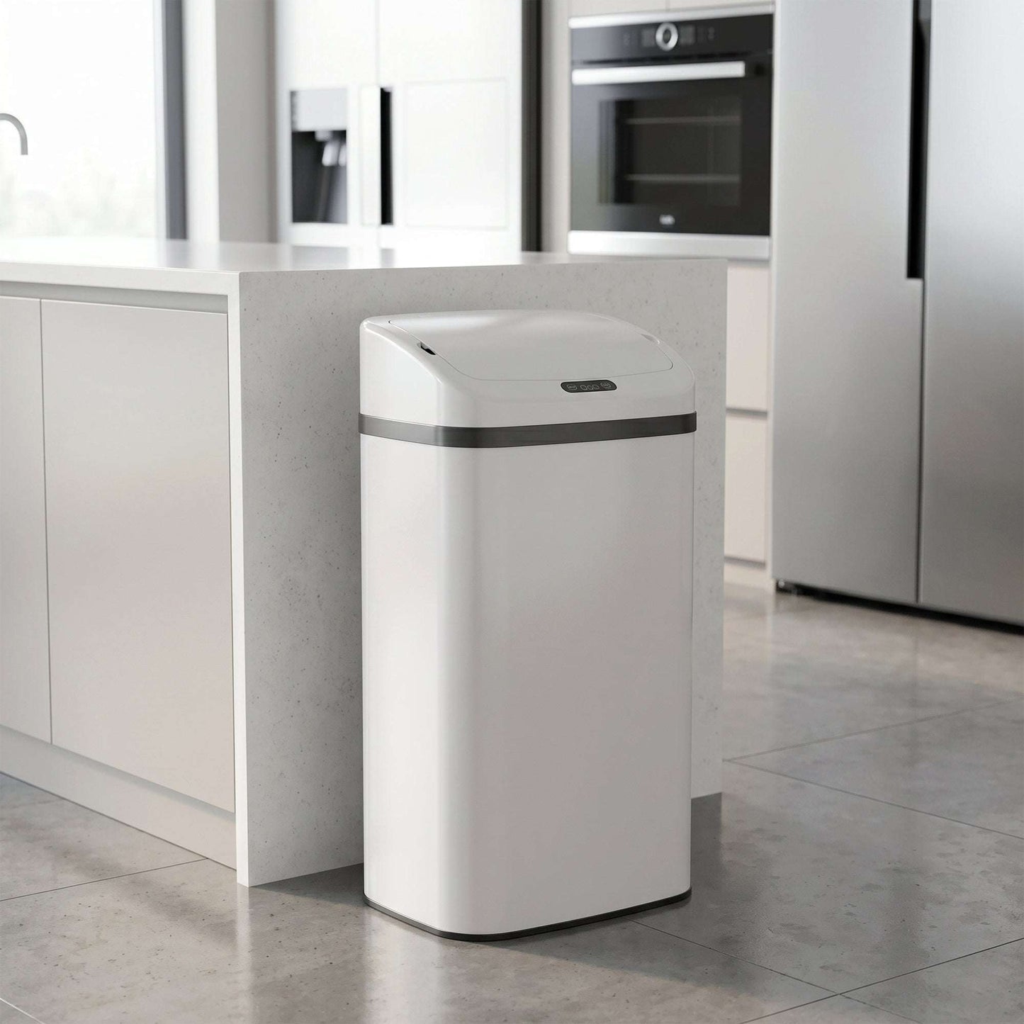 48L Infrared Sensor Bin | Opens in 0.5s | Quiet Close in 4-7s | Fingerprint-Resistant Stainless Steel | No Inner Bucket | 4xAA Batteries | No Assembly | 33x25x69cm | White