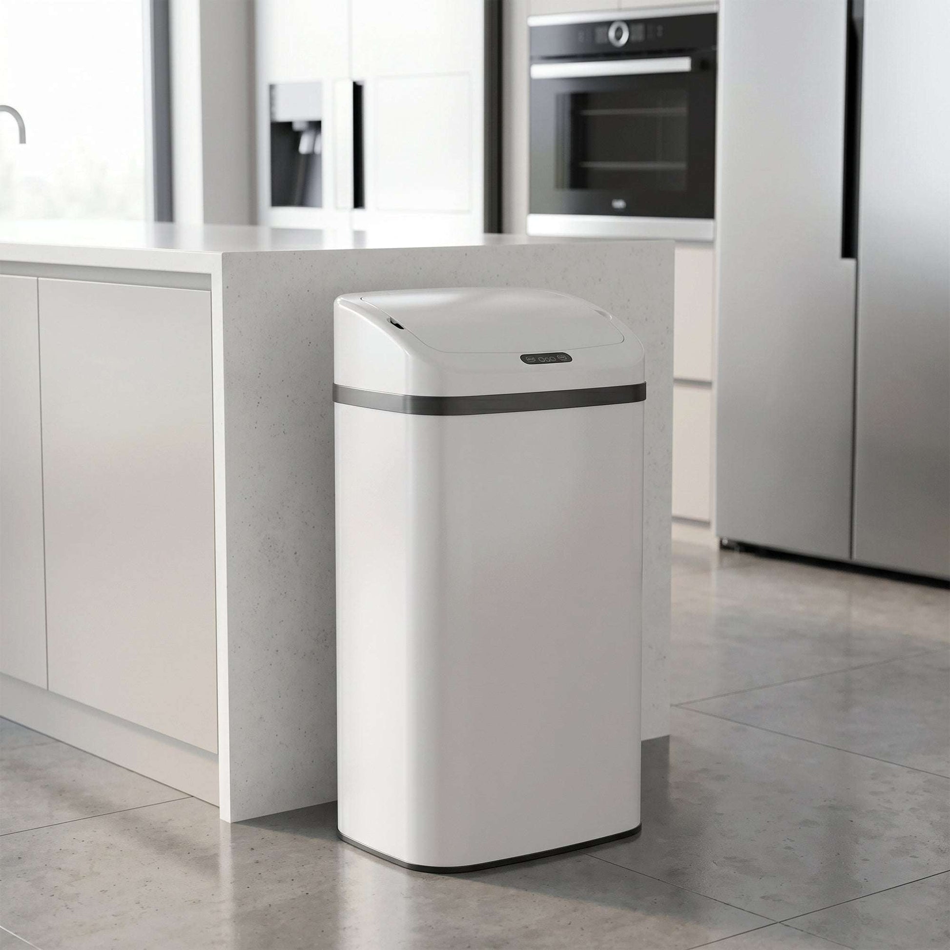48L Infrared Sensor Bin | Opens in 0.5s | Quiet Close in 4-7s | Fingerprint-Resistant Stainless Steel | No Inner Bucket | 4xAA Batteries | No Assembly | 33x25x69cm | White