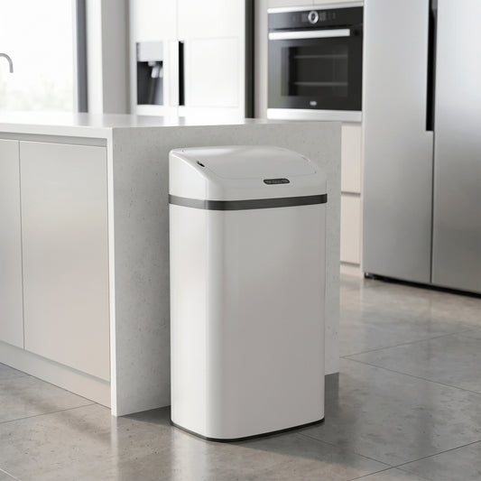 48L Infrared Sensor Bin | Opens in 0.5s | Quiet Close in 4-7s | Fingerprint-Resistant Stainless Steel | No Inner Bucket | 4xAA Batteries | No Assembly | 33x25x69cm | White