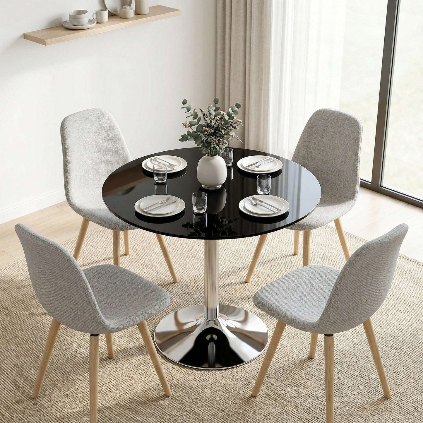 Round Bistro Dining Table | 8mm Tempered Glass Top | Steel Frame | Non-Slip Foot | Ø80x77cm | 20kg | Black