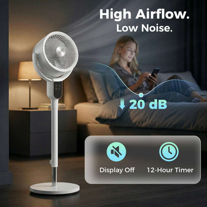 Pedestal Standing Fan | Turbo Mode | 20dB Sleep Mode | 8 Speeds | 16m³/min Airflow | 90° Oscillation | Aromatherapy Pad | Detachable Washable Grill | 5m Remote | 12H Timer | 50W | 83-107cm | White